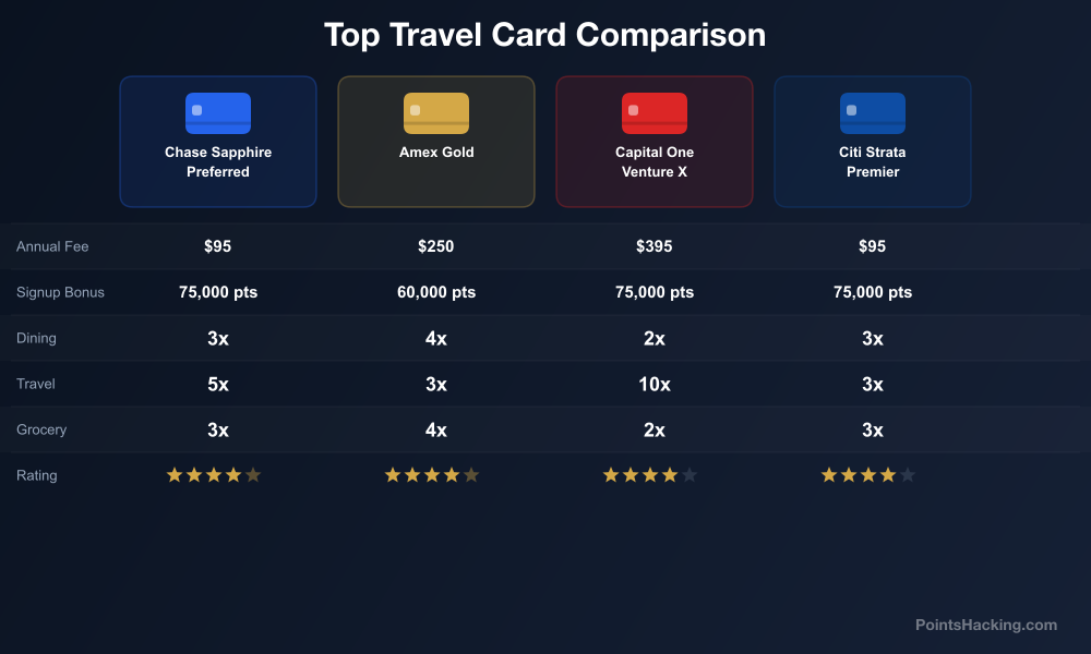2026 travel credit card comparison table showing annual fees, earning rates, and welcome bonuses
